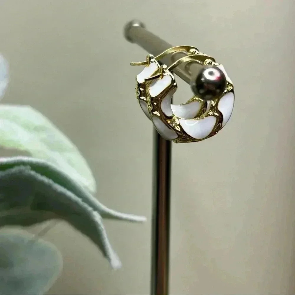 18K Gold Plated White Enamel Hoop Earrings with Little Rhinestone Accents - Picture 4 of 4